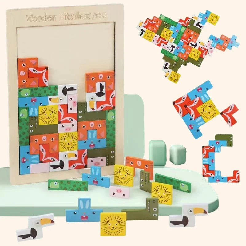 3D Wooden Puzzle Toy Color Shape Cognition Brain Games for Children Wood Jigsaw Puzzles Toys Tangrams for Children Kids